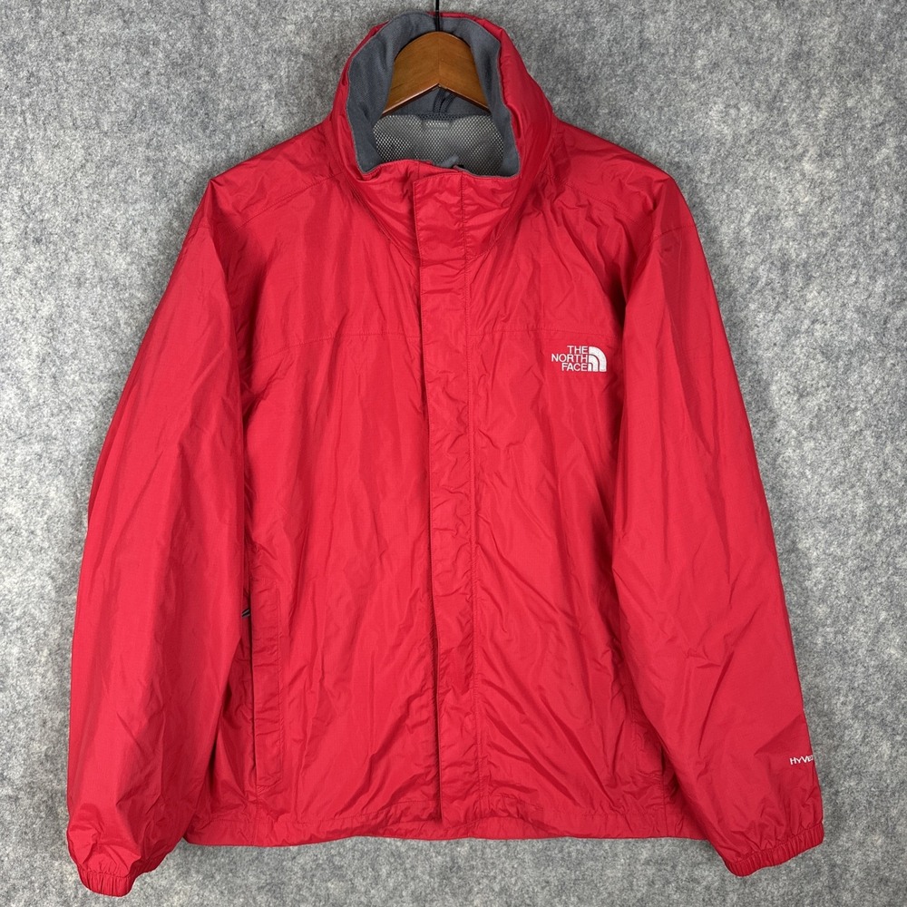 North Face Hyvent Rain Jacket Mens L Red Full Zip Stowaway Hood Outdoors Hiking